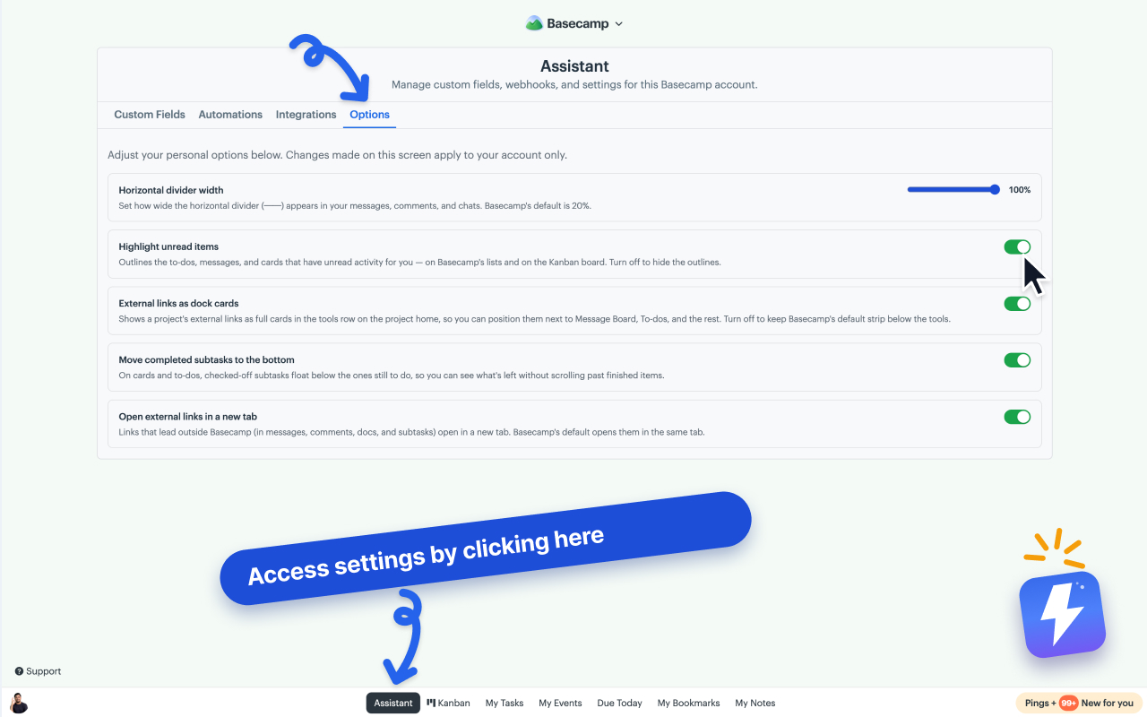 Assistant's Options tab with per-user toggles: divider width, unread highlighting, external links as dock cards, completed subtasks to the bottom, and open-links-in-a-new-tab