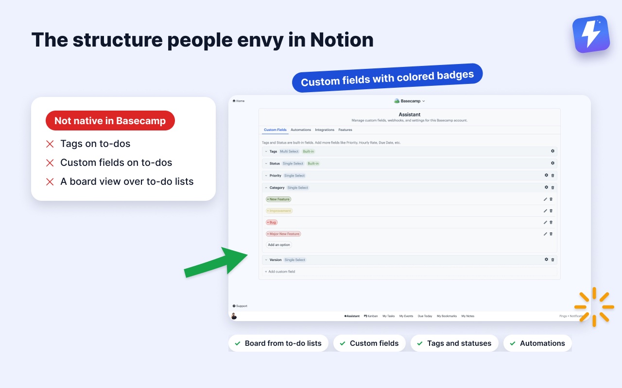 Structure Basecamp lacks, next to Assistant for Basecamp custom fields as colored badges.