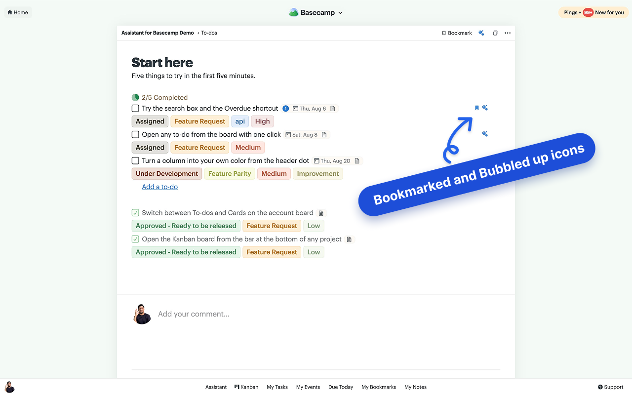 A Basecamp to-do list where bubbled-up and bookmarked to-dos carry a small blue flag beside them