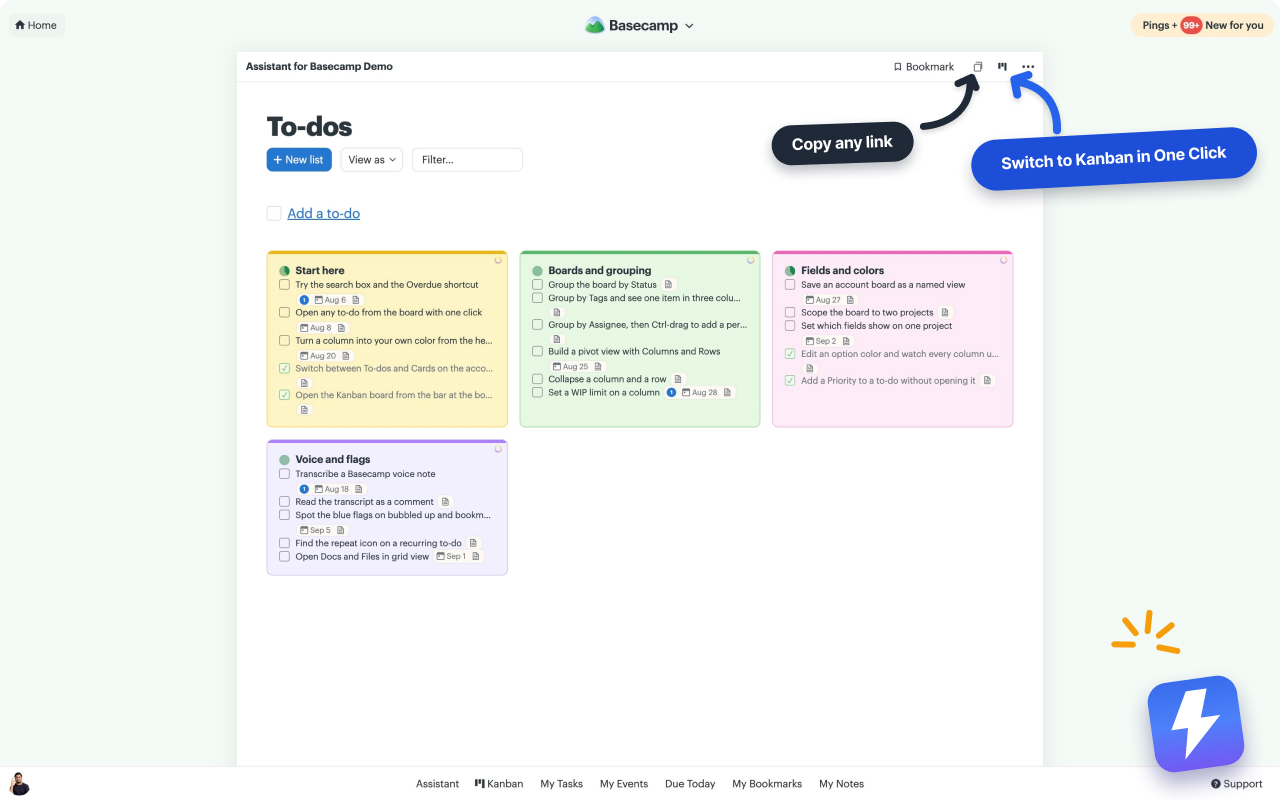 A Basecamp to-do page with Assistant's copy link button and Open in Kanban button on the toolbar