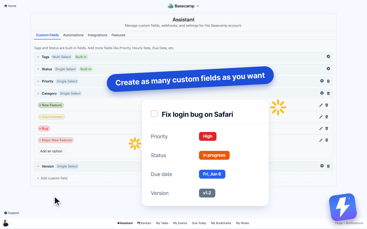 Custom field chips on a Basecamp to-do