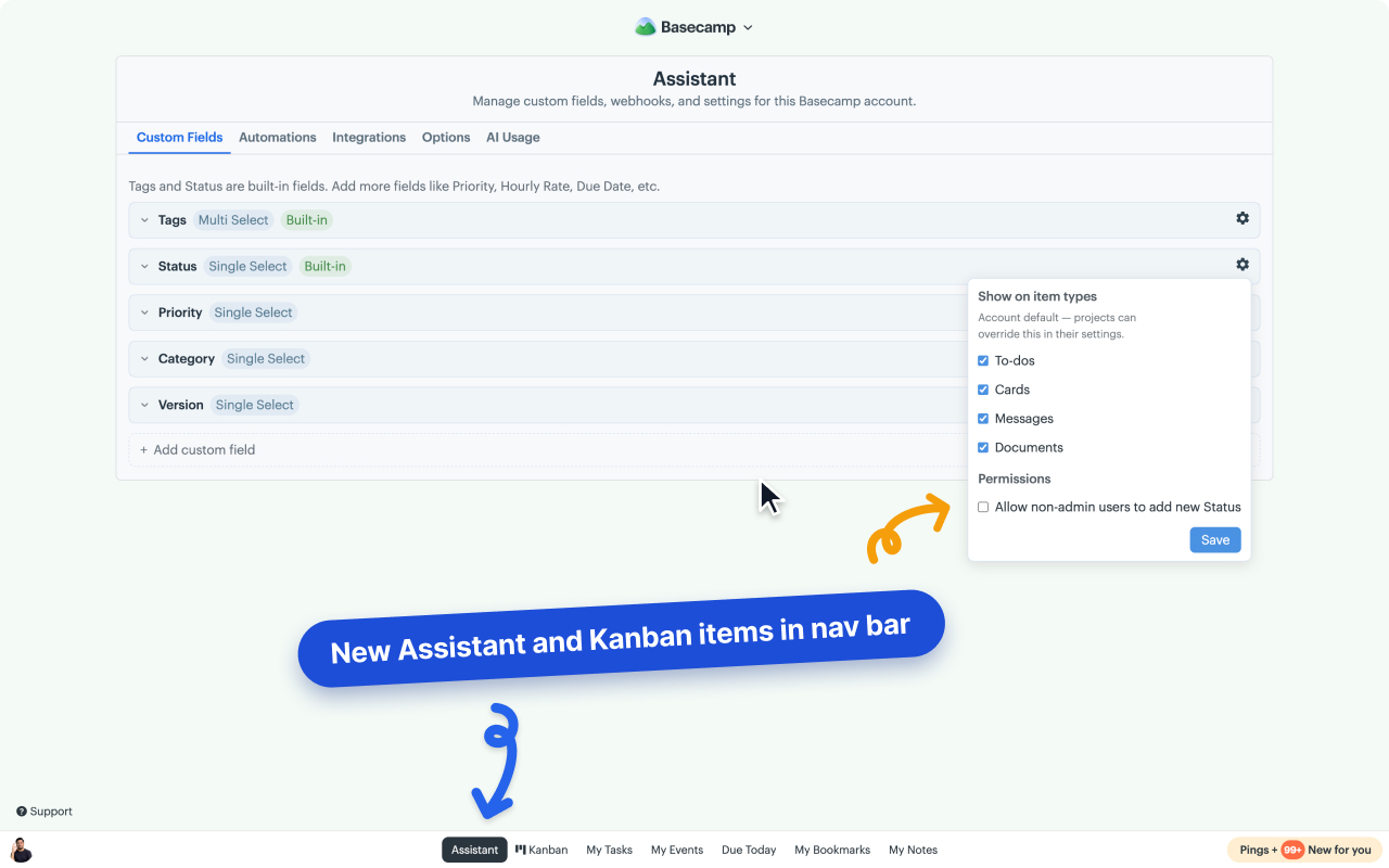 Assistant's Custom Fields tab for a Basecamp account, with a field's settings popover open: Show on item types checkboxes and the permission controlling who may add new options