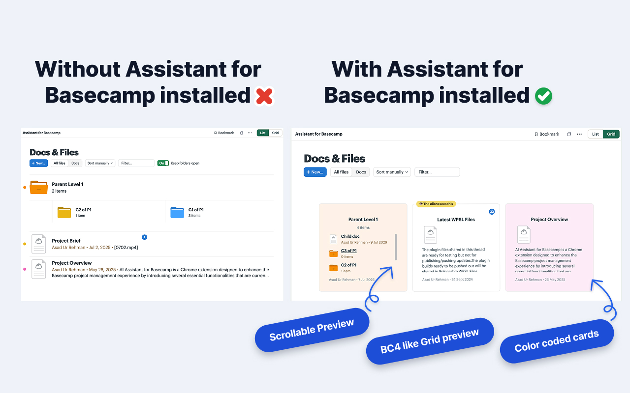 Before and after: Basecamp's Docs & Files as a plain list without Assistant, and as a card grid with scrollable folder previews and color-coded cards with it