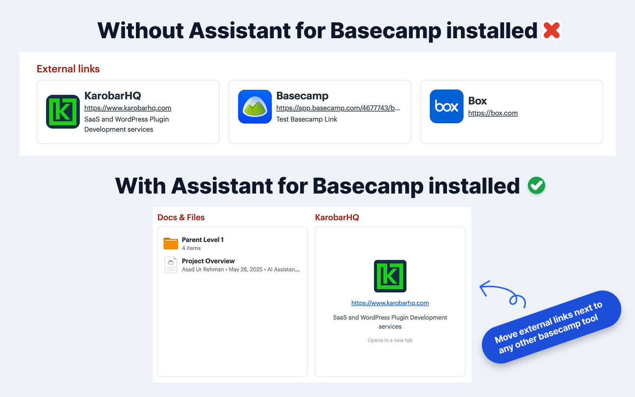 External links moved from a flat strip into full dock cards next to the other Basecamp project tools
