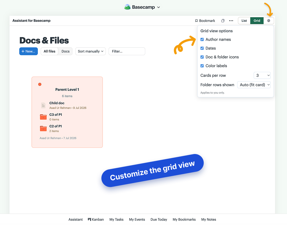 The Docs & Files grid with the Grid view options popover open: checkboxes for author names, dates, doc and folder icons, and color labels, plus cards-per-row and folder-rows-shown pickers