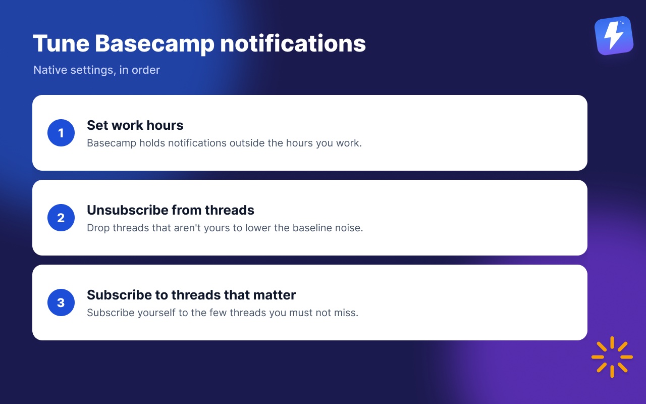 Three native steps to tune Basecamp notifications: set work hours, unsubscribe from threads that aren't yours, subscribe to the ones you must not miss.