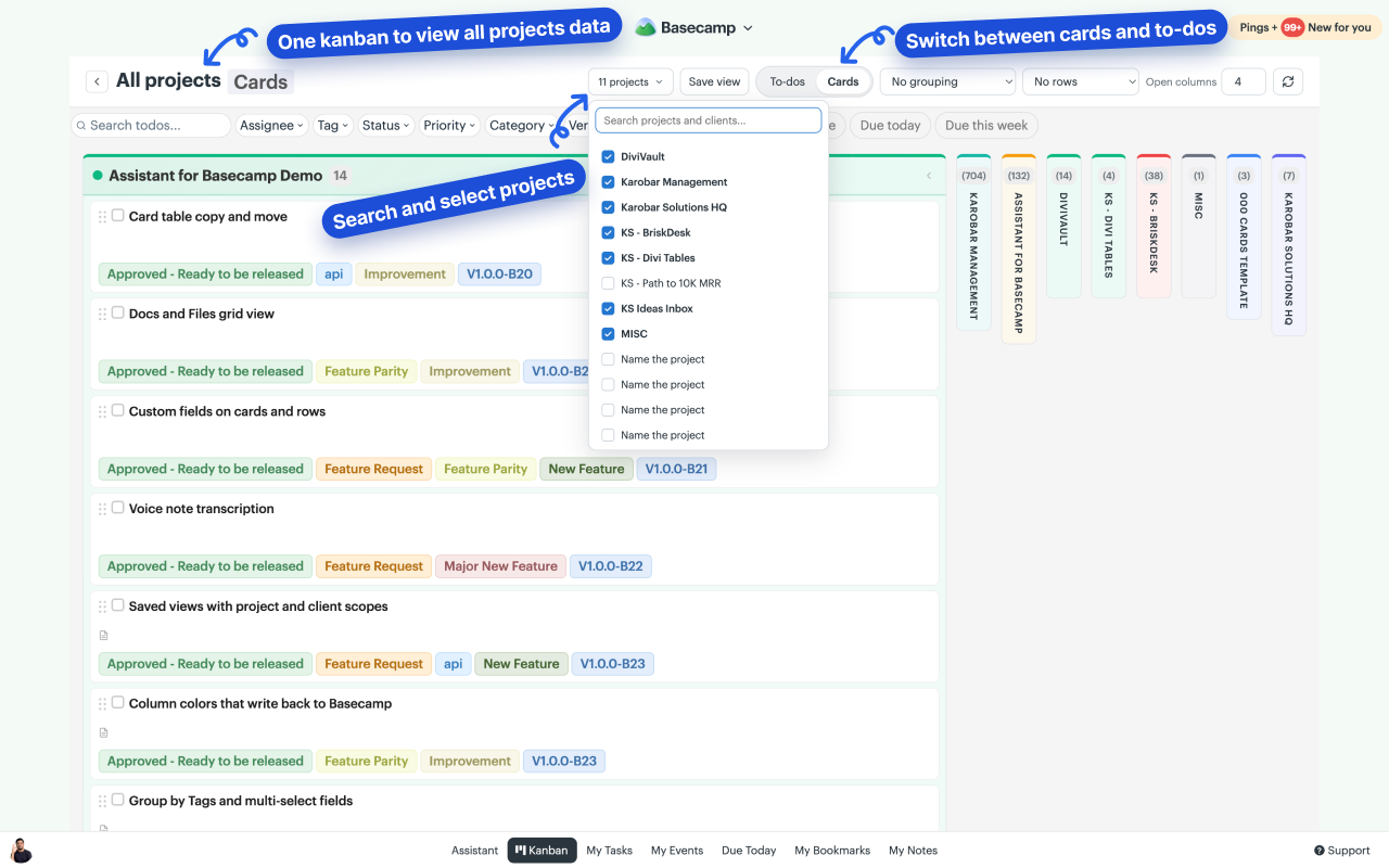 Assistant's All projects board inside Basecamp, with the picker open to search projects and clients and choose which ones the board covers