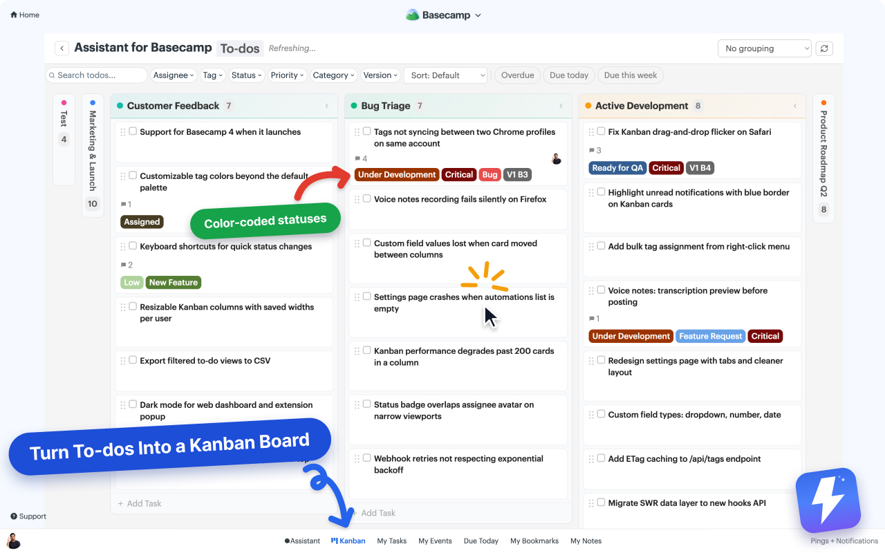 Basecamp project with the Kanban tab and tagged cards