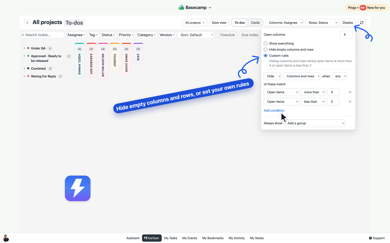 The Display popover open on an Assistant Kanban board, showing the Open columns limit above the choice of Show everything, Hide empty columns and rows, or Custom rules