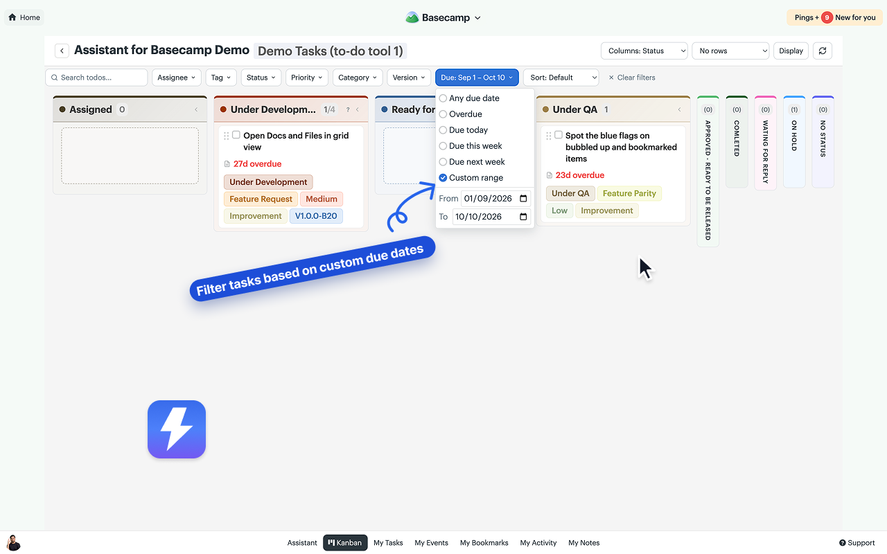 Assistant's Kanban board with the due-date filter open on Custom range, from September 1 to October 10