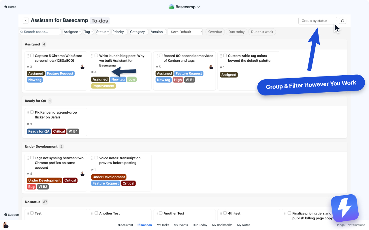 Kanban board grouped by status