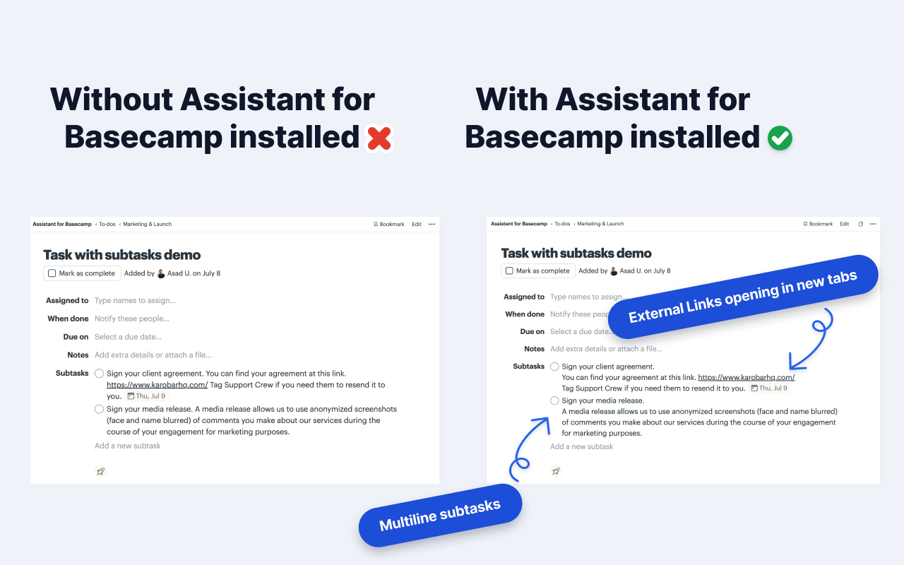A Basecamp subtask keeping its line breaks and clickable links with Assistant installed
