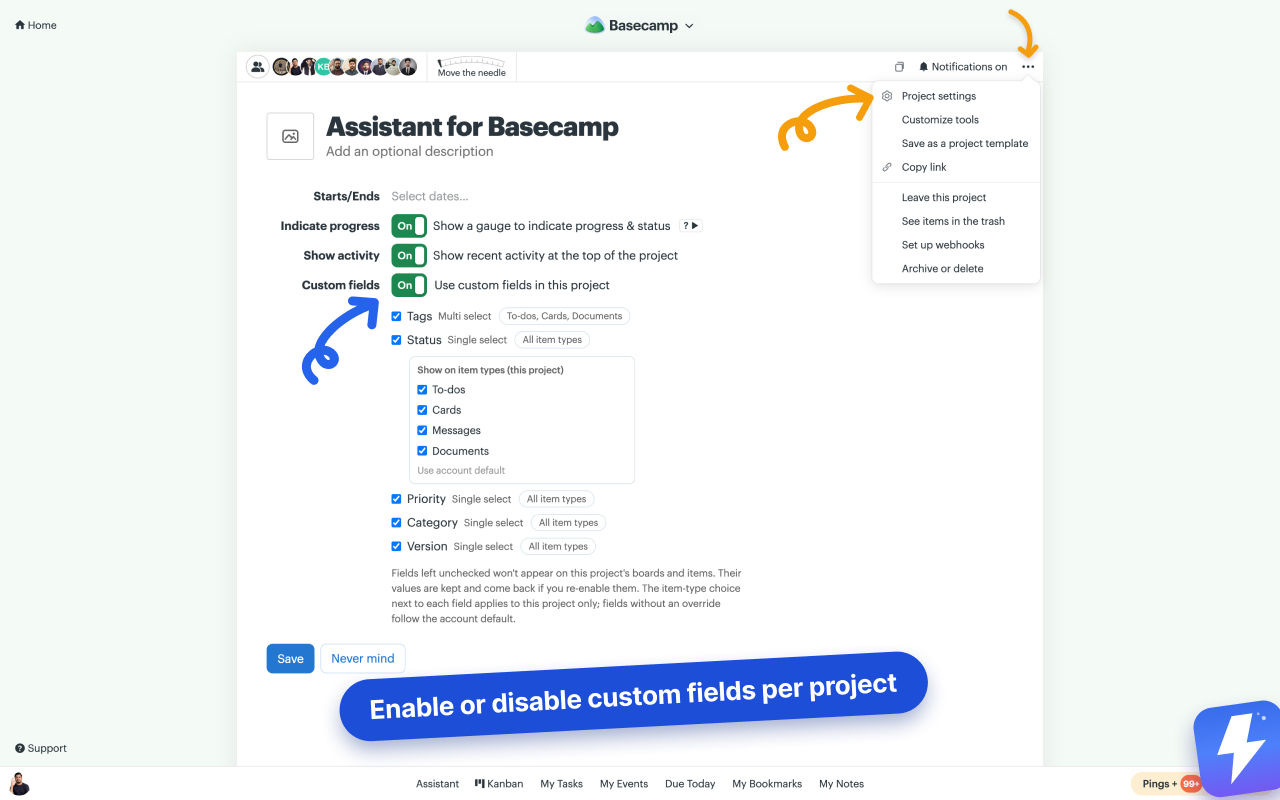 Basecamp's project settings page with Assistant's Custom fields row: a toggle and per-field checkboxes to choose which custom fields the project uses